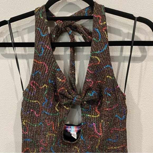 Urban Outfitters Sequin Glitter Gold Multicolor Halter Mini Dress Cut Out XS - Picture 2 of 8